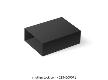 Casilla abierta negra, maquillaje, plantilla sobre el vector de fondo blanco ilustración realista. Plantilla de empaquetado de regalo, vista de presentación abierta. Cajón o cajón de papel, diapositiva de caja