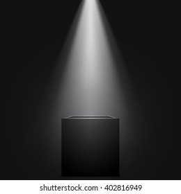 Black open box. Spotlight. Vector illustration.