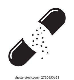 A black open capsule is shown with small black dots spilling out onto a clean white background.
