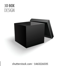 Black open carton delivery packaging 3d black box with lid isolated on white background vector illustration.