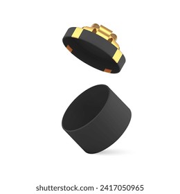 Black open circle gift box with flying lid and luxury golden bow ribbon 3d icon realistic vector