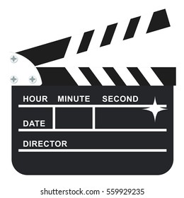 Black open clapperboard. Movie clapper board. Movie logo. Flat vector cartoon illustration.