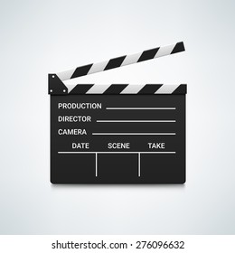 Black open clapperboard. Realistic vector illustration. Movie clapper board. Movie logo. Clapper icon. Movie icon. Movie vector logo. Movie vector icon. Video logo. Clapper vector logo. Movie icon