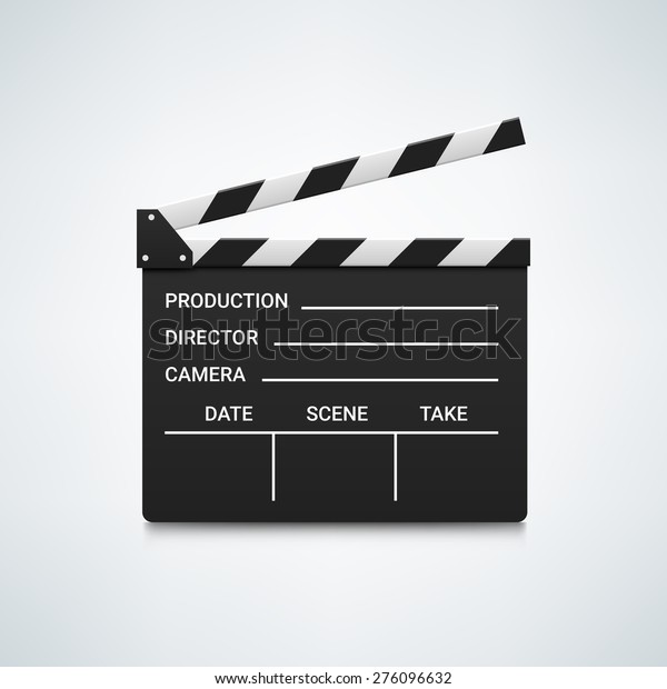 Black open clapperboard. Realistic vector\
illustration. Movie clapper board. Movie logo. Clapper icon. Movie\
icon. Movie vector logo. Movie vector icon. Video logo. Clapper\
vector logo. Movie icon