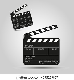 Black open clapperboard.Movies. Realistic vector illustration. Movie clapper board.