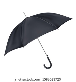 Black open classic umbrella in side view. Mockup, template for logo presentation. Realistic vector illustration isolated on white background.