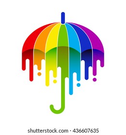 Black open classic umbrella stick with rainbow paint flow inside. Vector illustration