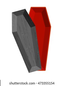 Black open coffin. Red interior of casket. Religious object for burial