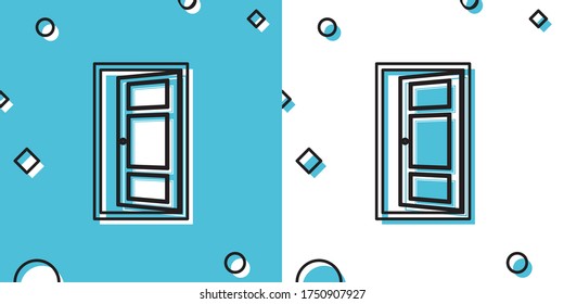 Black Open door icon isolated on blue and white background. Random dynamic shapes. Vector Illustration