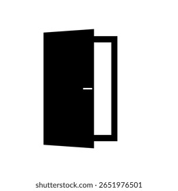 Uma porta aberta preta sobre um fundo branco. Gráfico vetorial minimalista