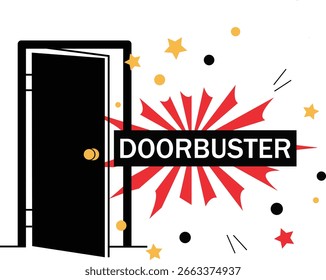 Black open door with red radial burst pattern and "DOORBUSTER" banner in white text, surrounded by stars and dots. Dynamic sale promotion graphic for retail discounts and marketing.
