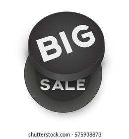 Black open empty round cardboard box isolated on white background with inscription big sale. Mockup template for design products, package, branding, advertising. Top view. Vector illustration.