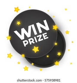 Black open empty round cardboard box isolated on white background with inscription win prize and star. Mockup template for products, package, branding, advertising. Top view. Vector illustration.