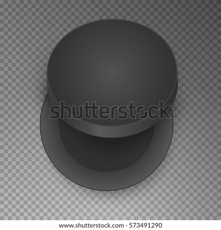 Black open empty round cardboard box isolated on transparent background. Mockup template for design products, package, branding, advertising. Top view. Vector illustration.