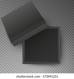 Black open empty squares cardboard box isolated on transparent background. Mockup template for design products, package, branding, advertising. Top view. Vector illustration.