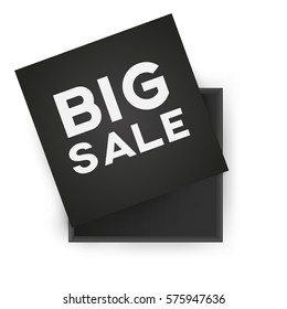 Black open empty squares cardboard box with inscription big sale on white background. Mockup template for products, package, branding, advertising. Top view. Vector illustration.