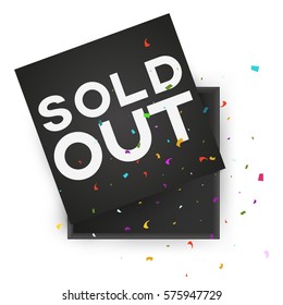 Black open empty squares cardboard box with inscription sold out and confetti on white background. Mockup template for products, package, branding, advertising. Top view. Vector illustration.