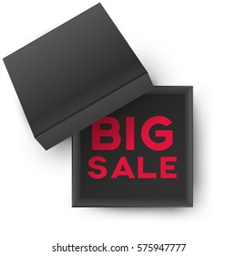 Black open empty squares cardboard box with inscription big sale on white background. Mockup template for products, package, branding, advertising. Top view. Vector illustration.