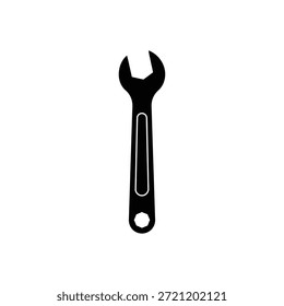 Icono de herramienta de llave de extremo abierto negro sobre un fondo blanco.