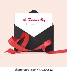 Black open Envelope and red heart shape. St. Valentine day vector concept.