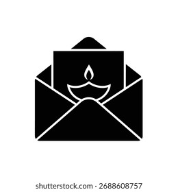 Black open envelope with a white graphic of a diya lamp on a card inside.
