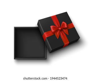 Caja de regalo abierta negra con arco rojo sobre fondo blanco. Paquete. Ilustración vectorial.