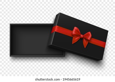 Caja de regalo abierta negra con arco rojo sobre fondo transparente. Paquete con cinta. Ilustración vectorial.