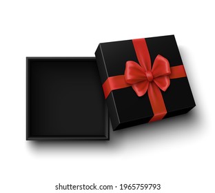 Black open gift box with red bow on white background. Christmas package with ribbon. Vector illustration.