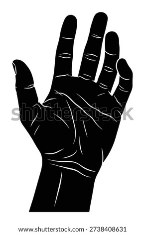 Black open hand showcasing all fingers without grasping. Simple black illustration vector of an open hand showing the fingers.
