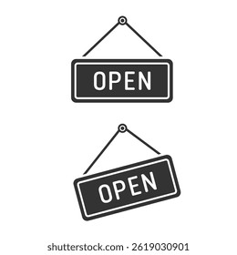 Black open hanging sign board set isolated flat design vector illustration on white background.