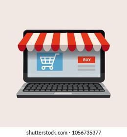 Black open laptop with and screen buy. Computer notebook. Concept online shopping, vector, isolation