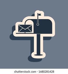Black Open mail box with an envelope icon isolated on grey background. Long shadow style. Vector Illustration