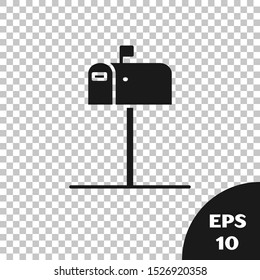 Black Open mail box icon isolated on transparent background. Mailbox icon. Mail postbox on pole with flag.  Vector Illustration