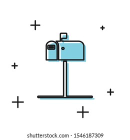 Black Open mail box icon isolated on white background. Mailbox icon. Mail postbox on pole with flag.  Vector Illustration