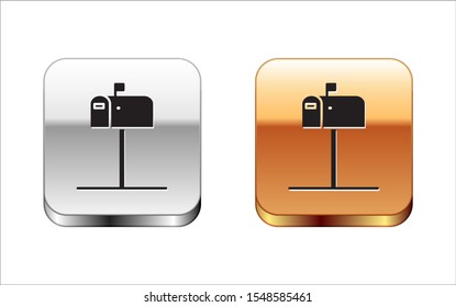 Black Open mail box icon isolated on white background. Mailbox icon. Mail postbox on pole with flag. Silver-gold square button. Vector Illustration