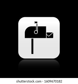 Black Open mail box icon isolated on black background. Mailbox icon. Mail postbox on pole with flag. Silver square button. Vector Illustration