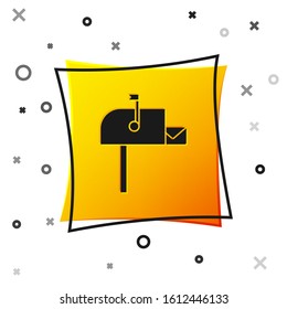Black Open mail box icon isolated on white background. Mailbox icon. Mail postbox on pole with flag. Yellow square button. Vector Illustration