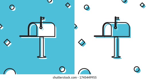Black Open mail box icon isolated on blue and white background. Mailbox icon. Mail postbox on pole with flag. Random dynamic shapes. Vector Illustration