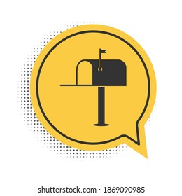Black Open mail box icon isolated on white background. Mailbox icon. Mail postbox on pole with flag. Yellow speech bubble symbol. Vector.