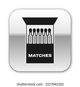 Black Open matchbox and matches icon isolated on white background. Silver square button. Vector Illustration