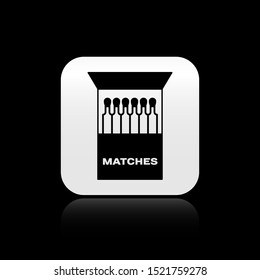 Black Open matchbox and matches icon isolated on black background. Silver square button. Vector Illustration