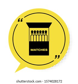 Black Open matchbox and matches icon isolated on white background. Yellow speech bubble symbol. Vector Illustration