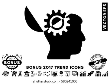 Black Open Mind Gear pictogram with bonus 2017 year trend images. Vector illustration style is flat iconic symbols, white background.