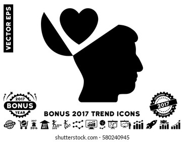 Black Open Mind Love Heart pictogram with bonus 2017 year trend images. Vector illustration style is flat iconic symbols, white background.