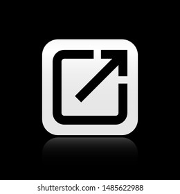 Black Open in new window icon isolated on black background. Open another tab button sign. Browser frame symbol. External link sign. Silver square button. Vector Illustration