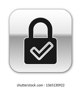Black Open padlock and check mark icon isolated on white background. Cyber security concept. Digital data protection. Safety safety. Silver square button. Vector Illustration