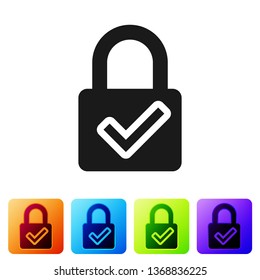 Black Open padlock and check mark icon isolated on white background. Cyber security concept. Digital data protection. Safety safety. Set icon in color square buttons. Vector Illustration