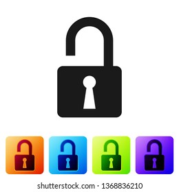 Black Open padlock icon isolated on white background. Opened lock sign. Cyber security concept. Digital data protection. Safety safety. Set icon in color square buttons. Vector Illustration