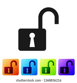 Black Open padlock icon isolated on white background. Opened lock sign. Cyber security concept. Digital data protection. Safety safety. Set icon in color square buttons. Vector Illustration