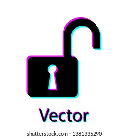 Black Open padlock icon isolated on white background. Opened lock sign. Cyber security concept. Digital data protection. Safety safety. Vector Illustration
